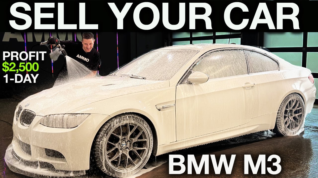 YouTube post by @AMMO-NYC for Squarespace. Caption reads: BMW M3 Detail and Flip! Sell Your Car for the MOST....