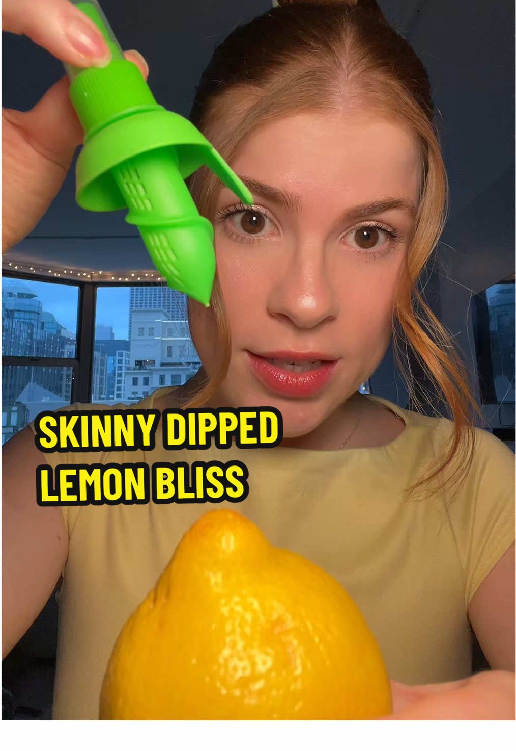 TikTok post by @cup.of.morning.swag for SkinnyDipped. Caption reads: A box of lemon sunshine from @SkinnyDipped 🍋🌞💛....