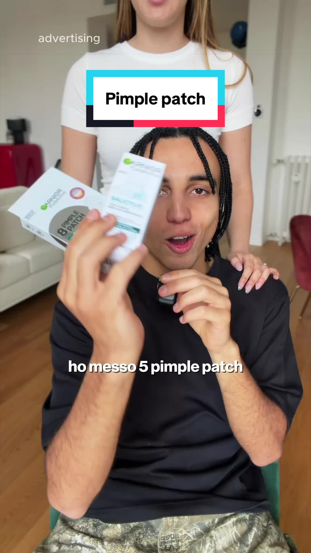 TikTok post by @federicofelletti for garnieritalia. Caption reads: #adv @garnieritalia SOS brufolo? Pimple Patch.....