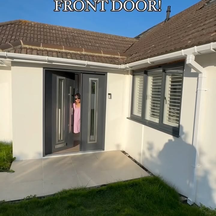 Instagram post by @ourforeverbungalow_ for The Palladio Door Collection. Caption reads: Time for a new front door 🚪

Our front door was....