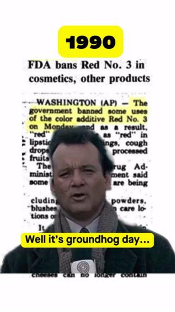 Instagram post by @drjkahn for Genexa. Caption reads: 1990: Red Dye No. 3 banned in cosmetics 🚦 2025:....