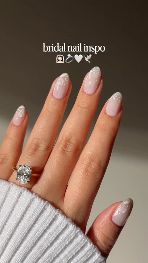 Instagram post by @bycheznails for ella+mila. Caption reads: bridal nails 👰🏻‍♀️🤍💍 @ellamila ad• elegant....