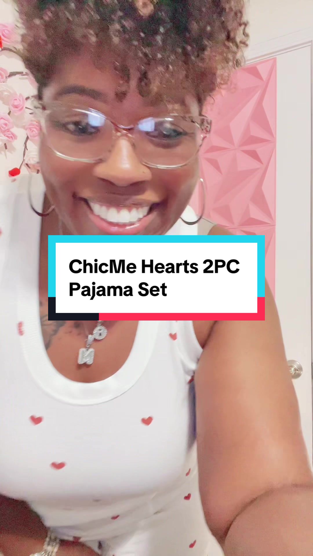 TikTok post by @dancewithmeladie for ChicMe. Caption reads: @chicme.us Hearts 2PC Pajama Set #chicme #pajamas....