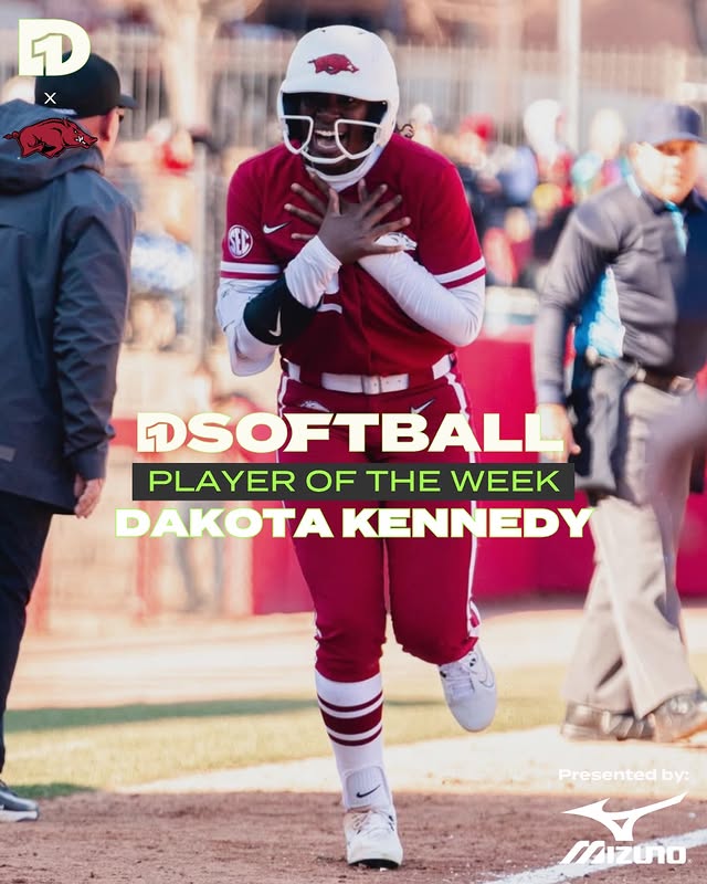 Instagram post by @_dakotakennedy for D1Softball.com. Caption reads: Player of the Week: Dakota Kennedy, Arkansas....