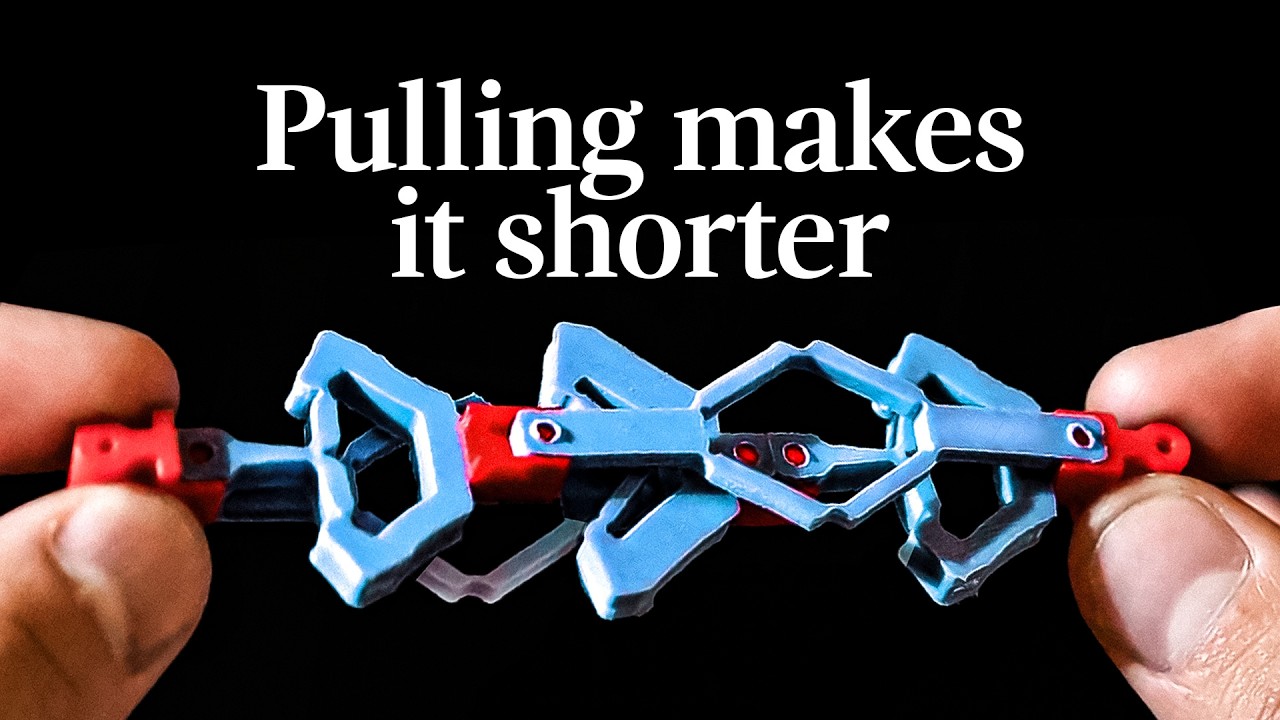 YouTube post by @veritasium for The New York Times. Caption reads: This mechanism shrinks when pulled.
