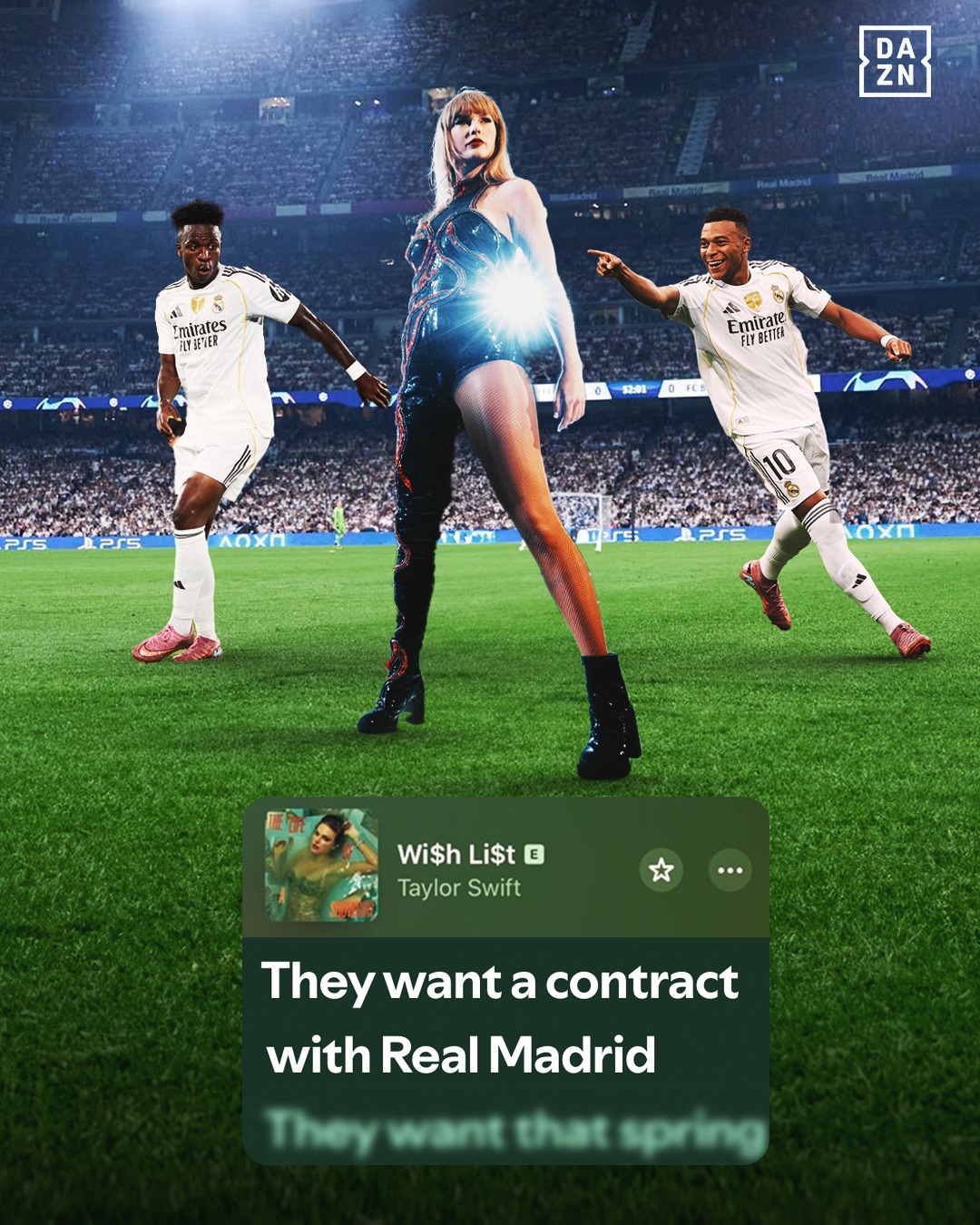 Instagram post by @themadridviews for Whistle. Caption reads: Taylor Swift just gave Real Madrid a lyric cameo....