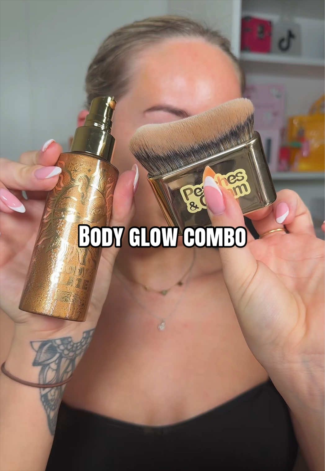 TikTok post by @georgiacoggings for Peaches & Cream. Caption reads: [...] ready after a day of tanning🌞🌴 @Peaches &....
