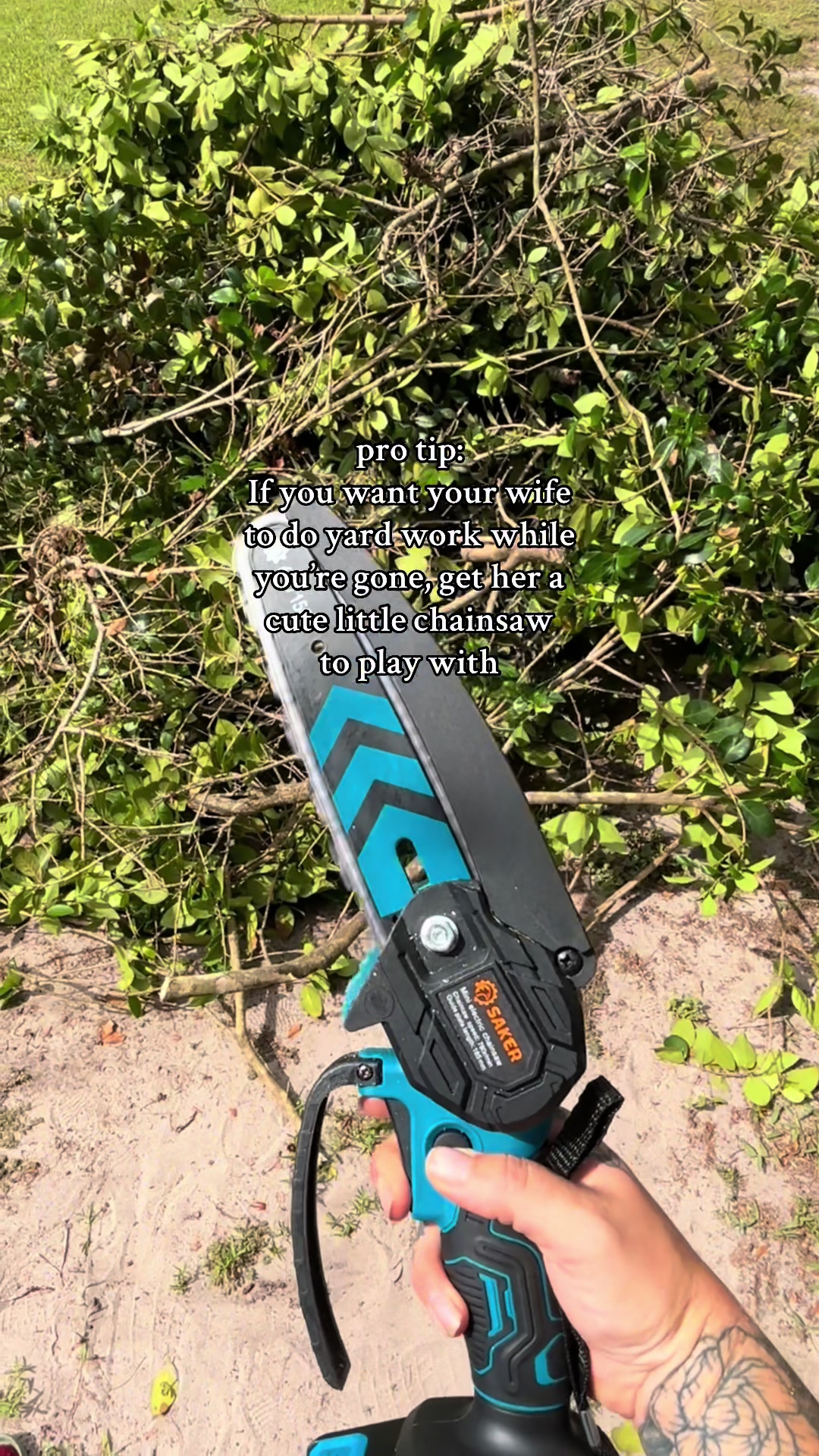 TikTok post by @krugerfarmfl for Smartsaker. Caption reads: Handheld chainsaw for the win @Smartsaker 🙌🏼😎....