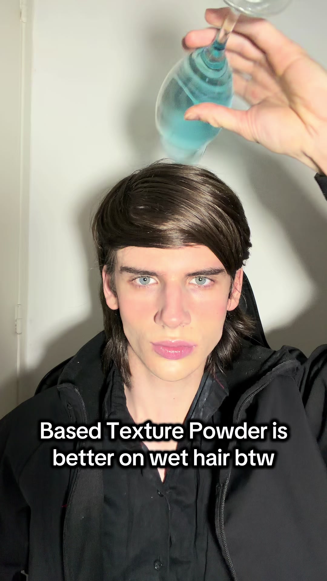 TikTok post by @gregomndz for Based Bodyworks. Caption reads: @BASED #based #texturepowder #straighthair....
