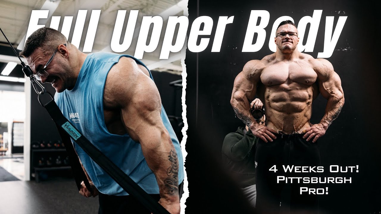 YouTube post by @NickWalker39 for Megafit Meals. Caption reads: Nick Walker | UPPER BODY WORKOUT | 4 WEEKS OUT....