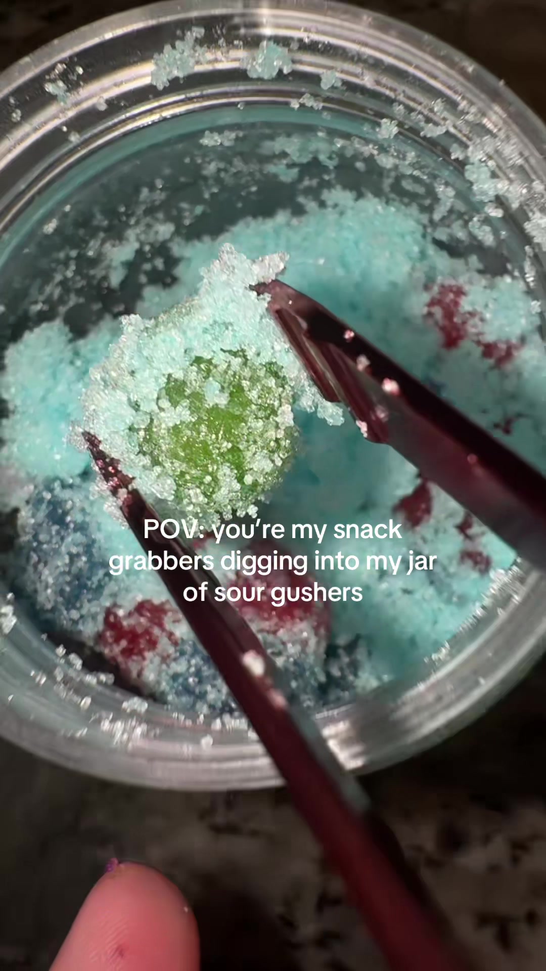 TikTok post by @laurentokk for Mama V’s Candy. Caption reads: what a life #mamavsextremesourgushers #mamavs....