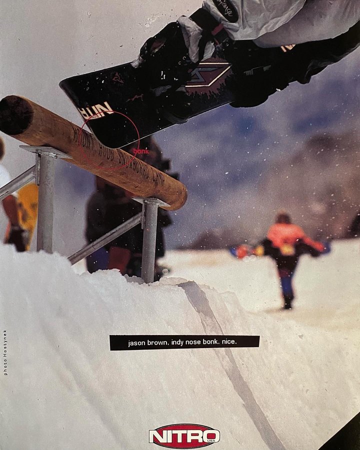Instagram post by @vintage_snowboard_ads for Nitro Snowboards. Caption reads: [...] Snowboarding @nitro_snowboards....
