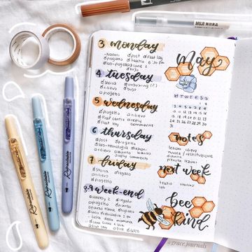Instagram post by @grace.journals for Scribbles That Matter. Caption reads: First weekly of may!!🐝 I used @writechofficial_....