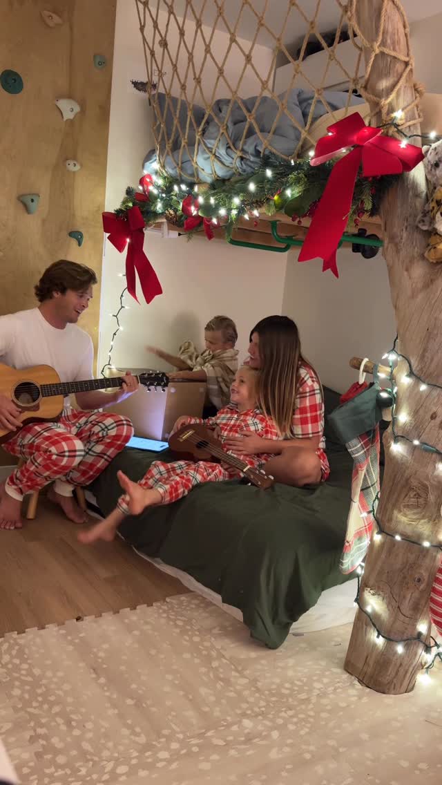 Instagram post by @maddiecastellano for Old Navy. Caption reads: Family band practice ~Christmas edition~ ✨🎄....