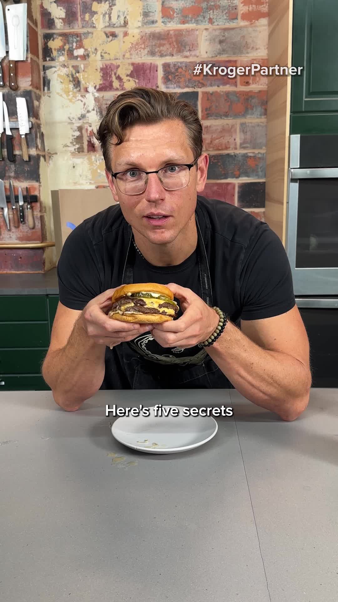 TikTok post by @mythicalkitchen for Kroger. Caption reads: Here’s how to make the perfect smash burger at....