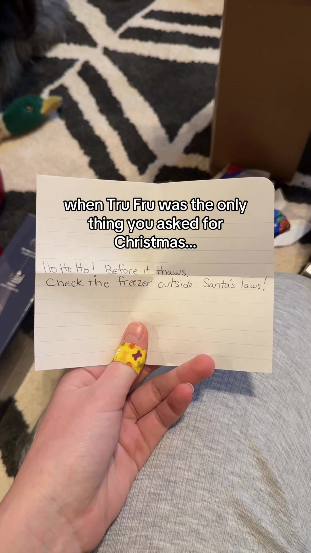 TikTok post by @kmfkenna for Tru Fru. Caption reads: Santa I am a size dark chocolate covered....