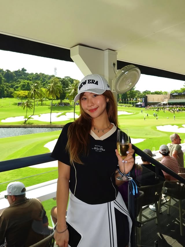 Instagram post by @nicolettecallie for New Era Cap. Caption reads: [...] styled in the cutest golf apparel with....