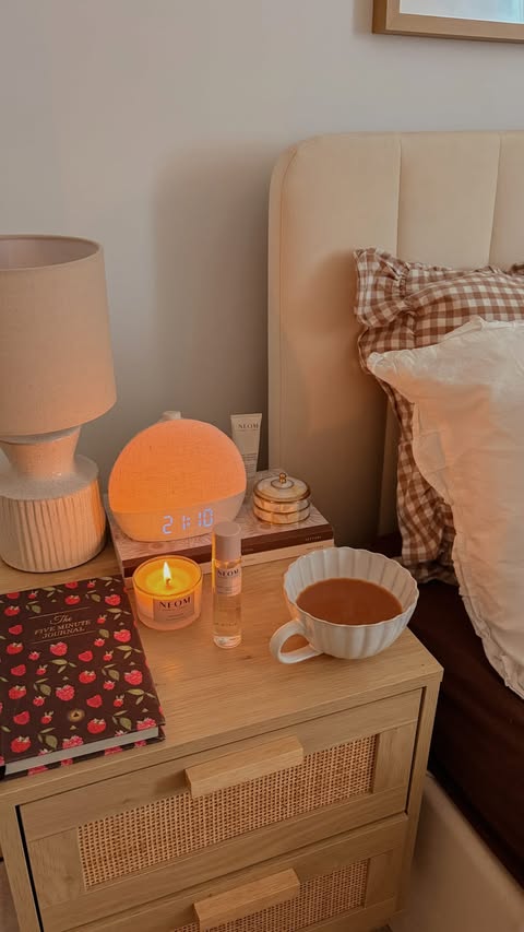 Instagram post by @livingwithtish for NEOM. Caption reads: [...] routine for a perfect night’s sleep with....