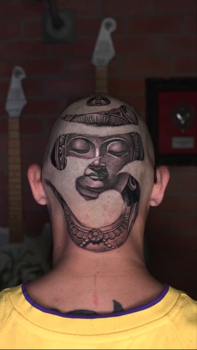 Instagram post by @mytattooandpiercing for Sullen Clothing. Caption reads: Guanyin, the Bodhisattva of Compassion, within the....