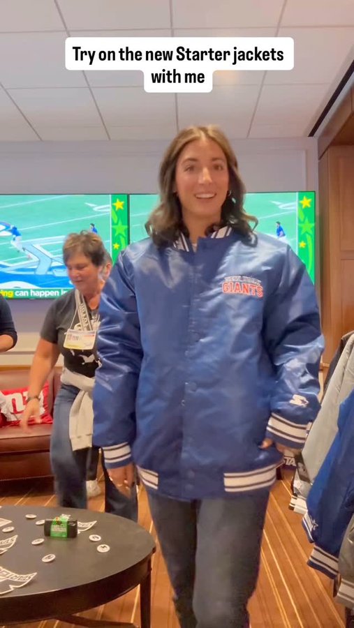 Instagram post by @newyorkgiantsfangirl for Starter. Caption reads: New @starterofficial jackets 😍😍 sorry guys they....