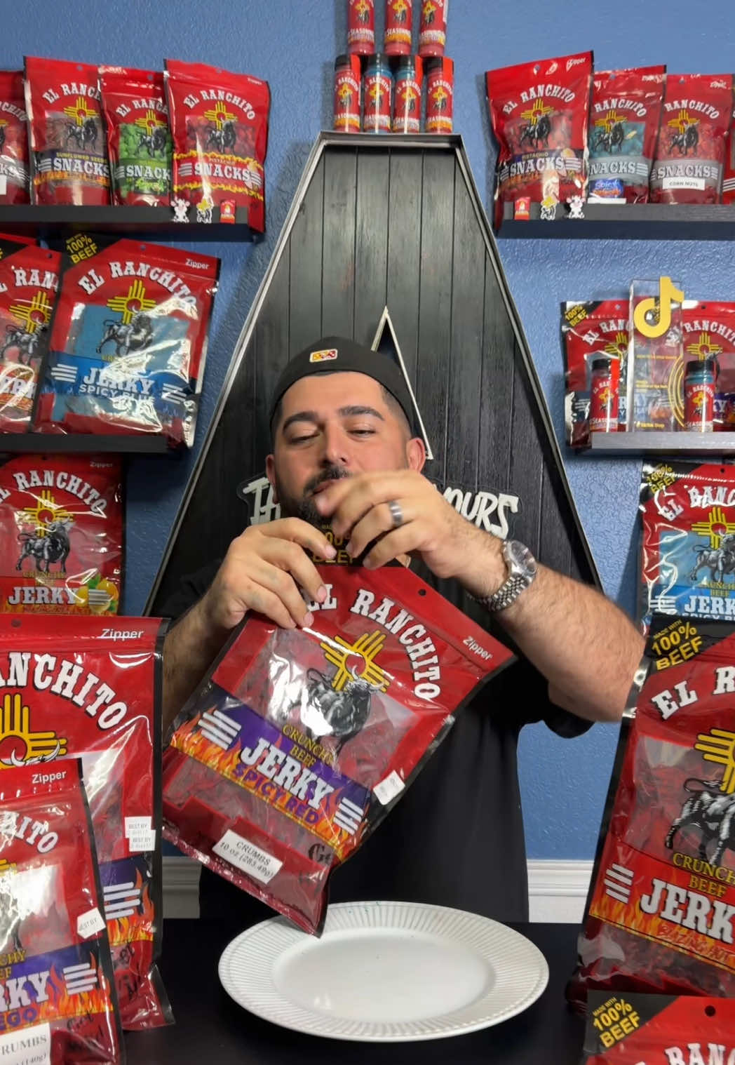 TikTok post by @acostaa.fam for El Ranchito Jerky. Caption reads: [...] while they’re in stock! 🤤❤️‍🔥🔥....