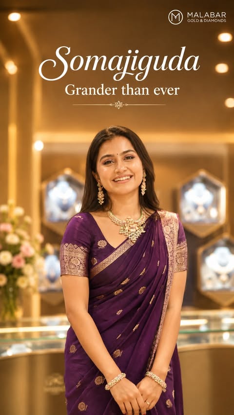 Instagram post by @who_is_kru for Malabar Gold and Diamonds. Caption reads: [...] & Diamonds Somajiguda showroom.....