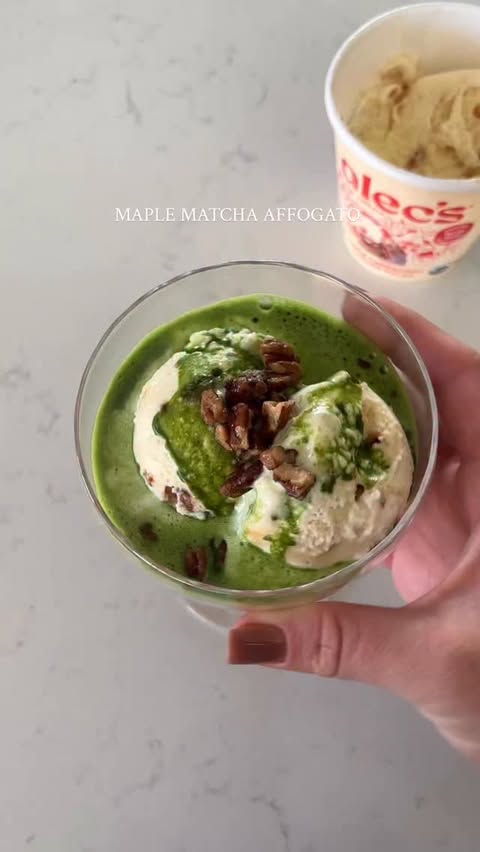 Instagram post by @drinksbyallyy for Alec's Ice Cream. Caption reads: a maple matcha affogato using @alecsicecream maple....
