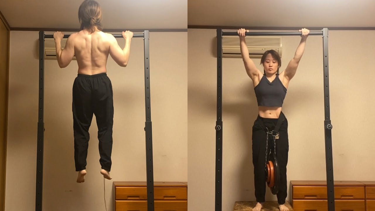 YouTube post by @NINALifts for Gaston Luga. Caption reads: Weighted pull-ups 1RM test. Last time → +25.2kg....