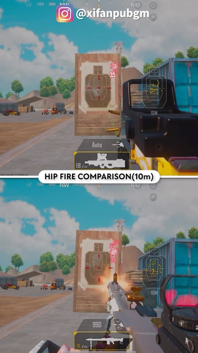 Instagram post by @xifanpubgm for PUBG MOBILE. Caption reads: MG3 vs P90. Best close range weapon....