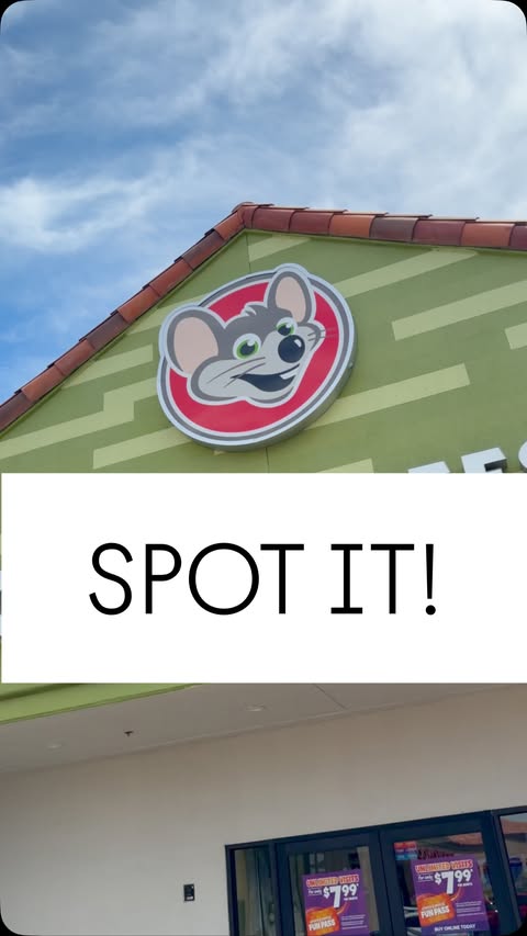 Instagram post by @menifee_mom_ for Chuck E. Cheese. Caption reads: 🎯 SPOT IT! HAS TAKEN OVER CHUCK E. CHEESE! 🎯 We....