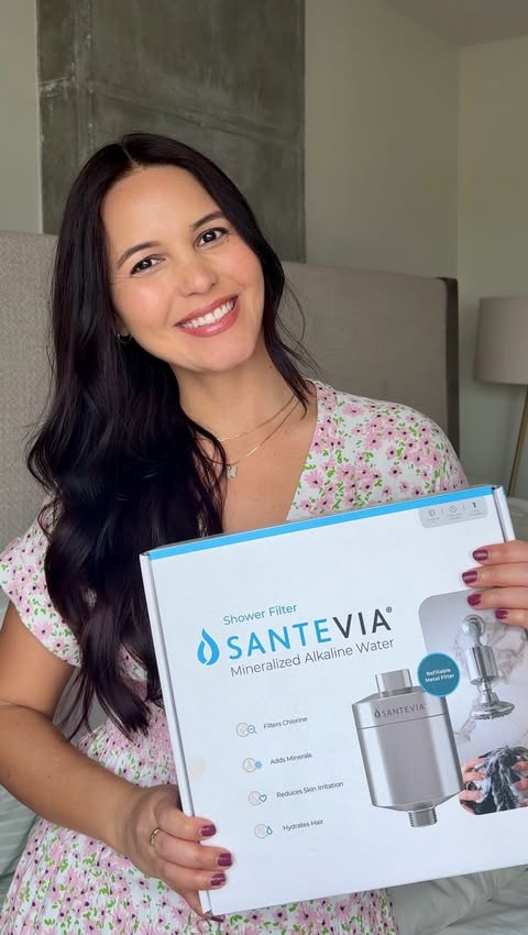 Instagram post by @kasha_home for Santevia. Caption reads: #ad The @Santevia Refillable Shower Filter is the....