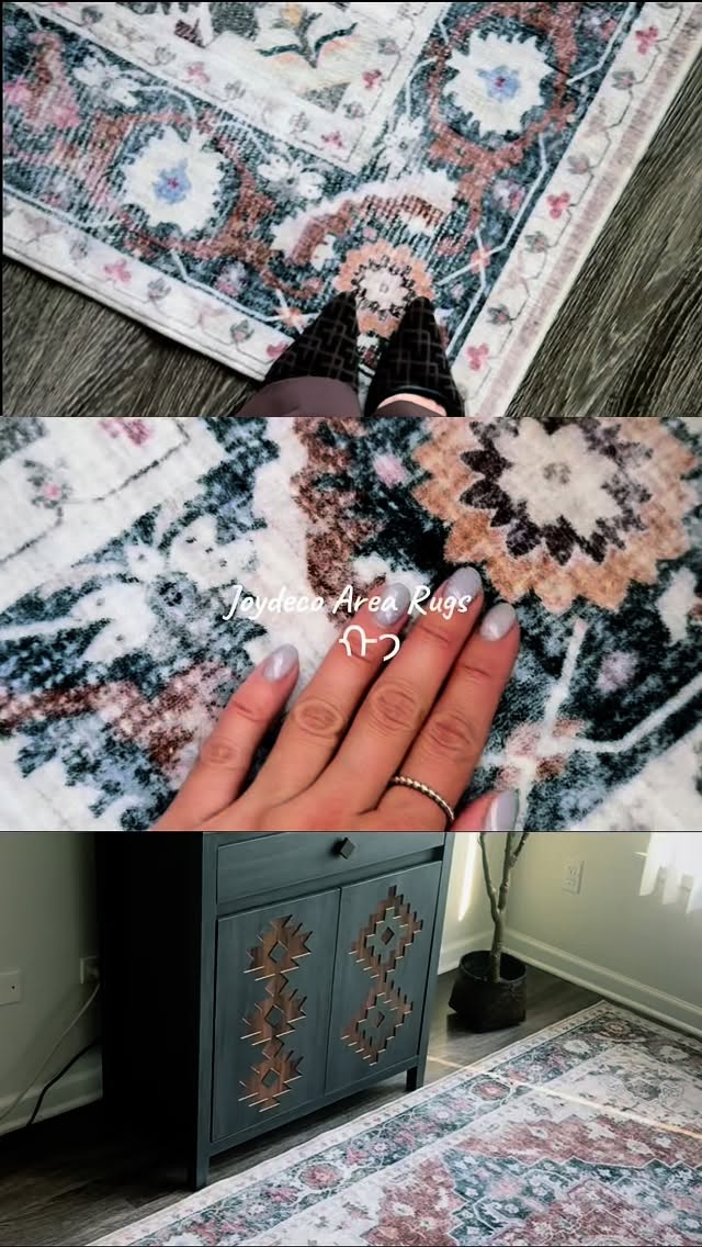 Instagram post by @khrystynapolek for Joydeco. Caption reads: Joydeco Area Rug for Living or Dining Room [...].