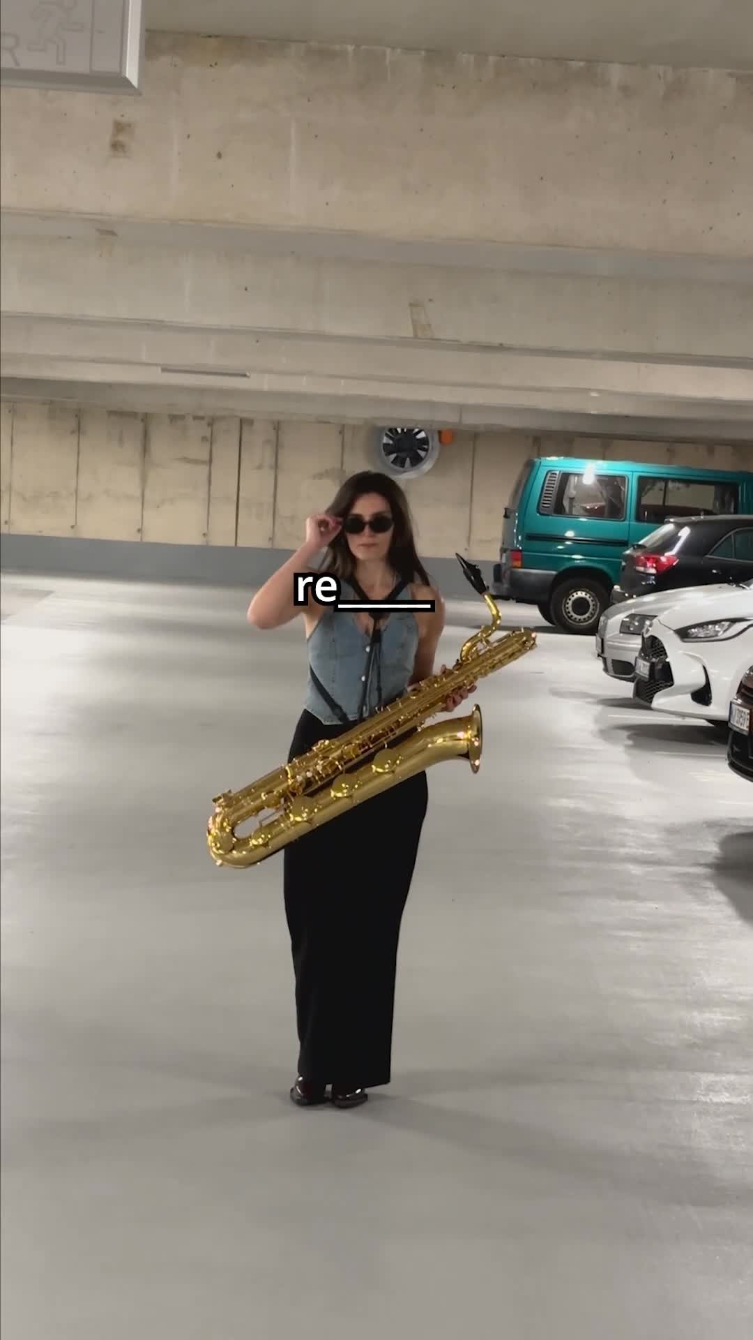 Instagram post by @alexandrailieva for Thomann. Caption reads: Alexandra + baritone sax + parking garage = 🤯....