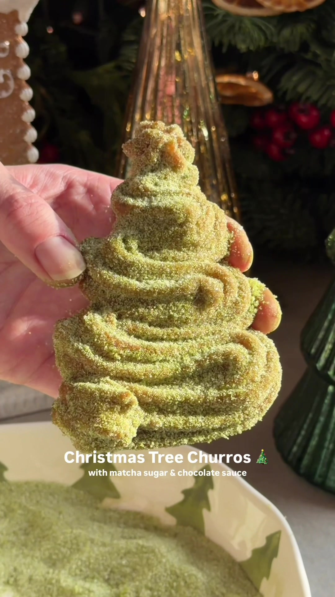 TikTok post by @crowdedkitchen for ZWILLING. Caption reads: Christmas Tree Churros coated in matcha sugar and....