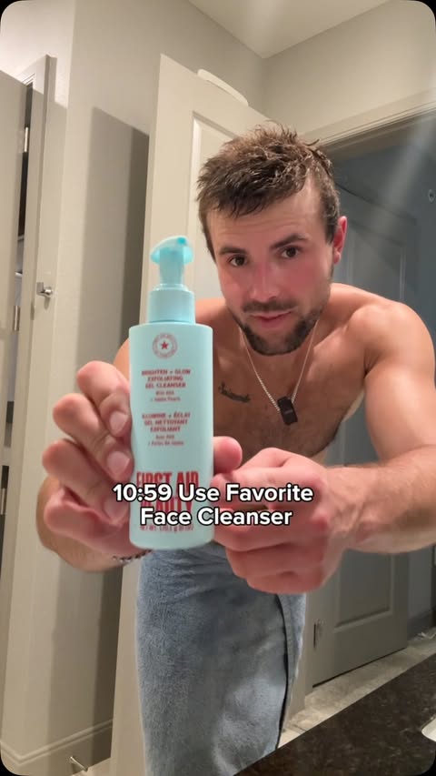 Instagram post by @austinfriesen for First Aid Beauty. Caption reads: [...] Glow Exfoliating Gel Cleanser from....