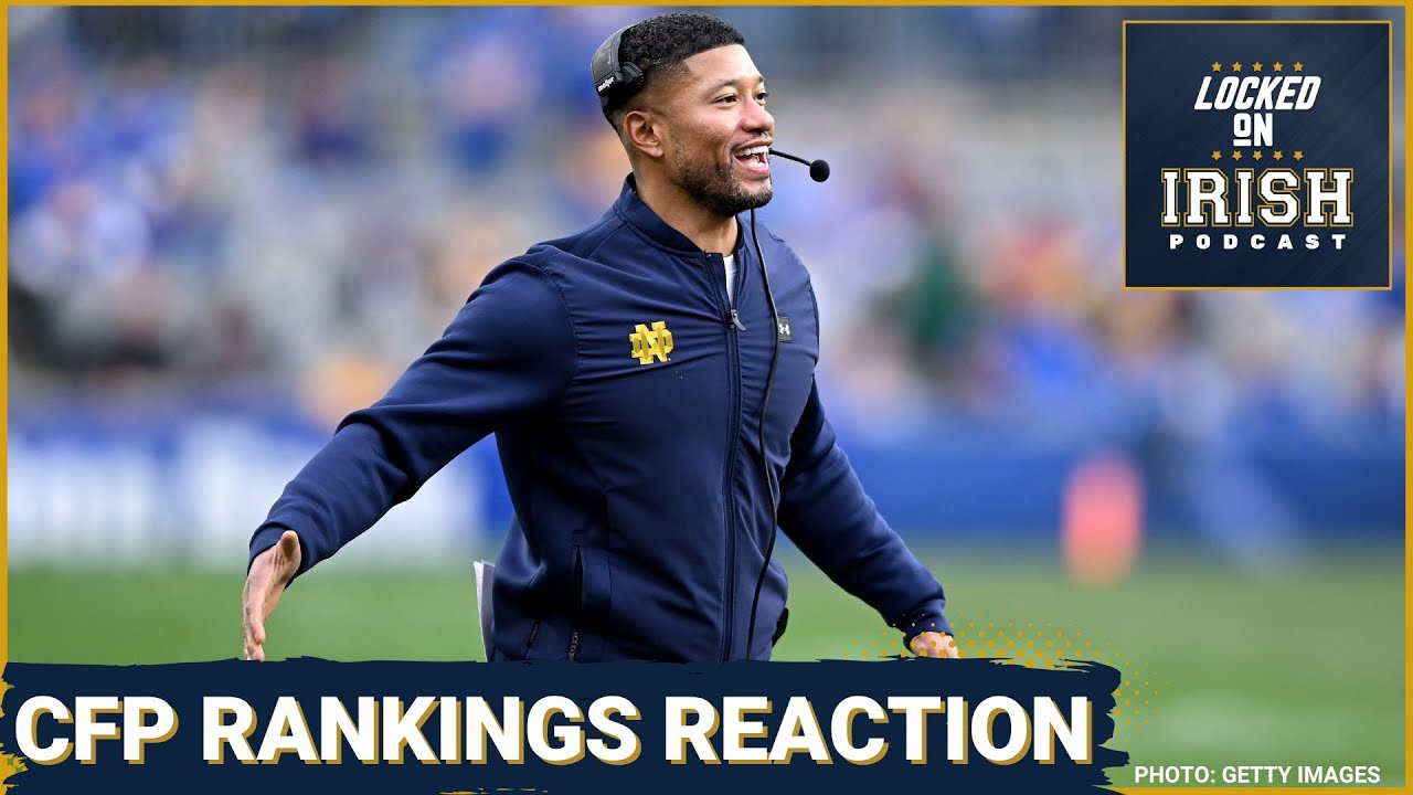 YouTube post by @LockedOnIrish for FanDuel. Caption reads: REACTION: Notre Dame Stays at No. 9 in CFP....