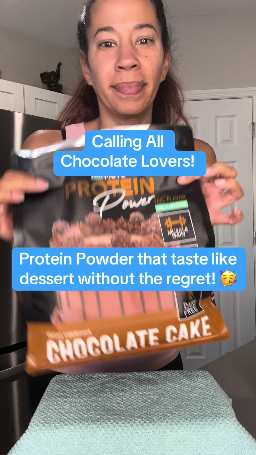 TikTok post by @takemeawayelita for Just Move Supplements. Caption reads: [...] = Just Move Protein Powder! @Just Move....