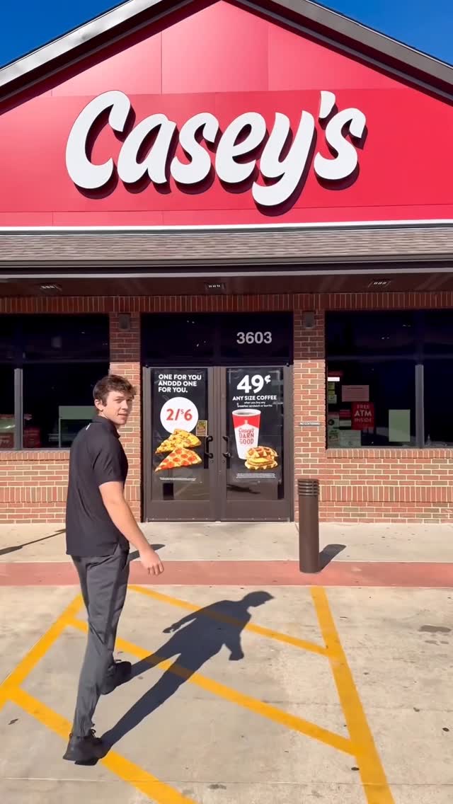 Instagram post by @griffysdayinthelife for Casey’s. Caption reads: @caseys breakfast pizza has been my go-to tailgate....