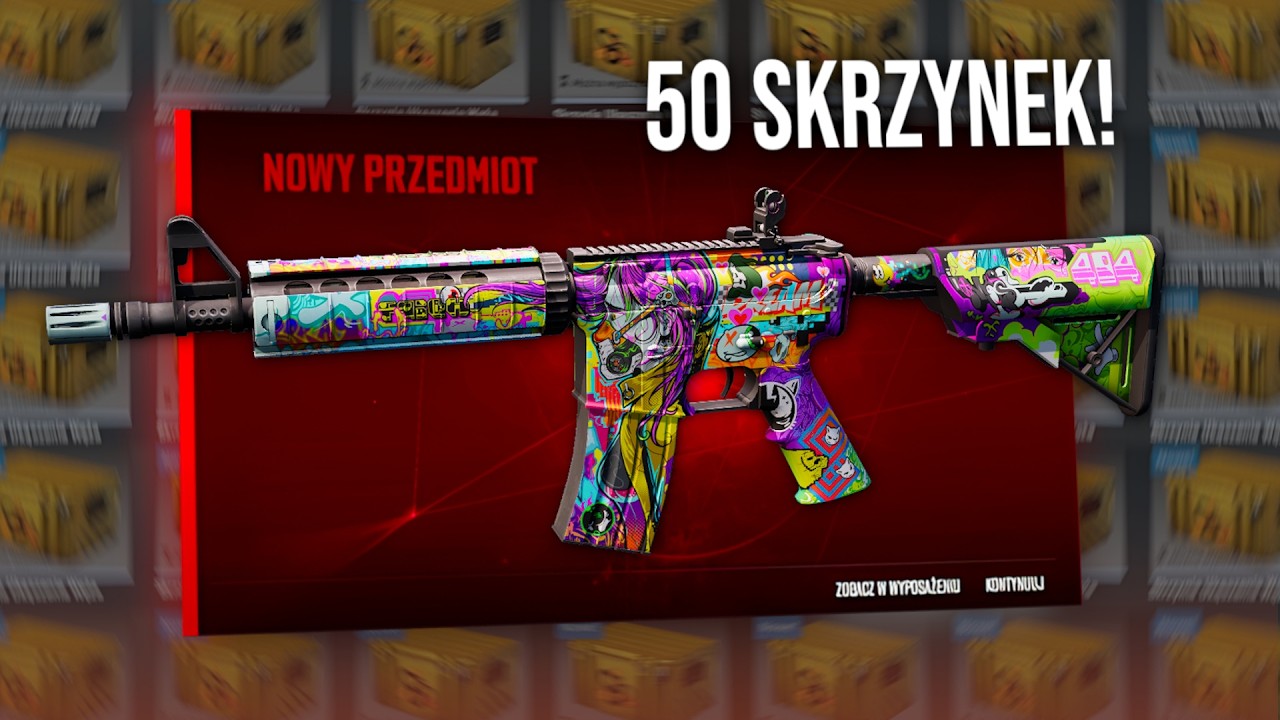 YouTube post by @K4P1Shorts for CSGO-SKINS.COM. Caption reads: I OPENED 50 SNAKEBITE CASES IN CS2!.