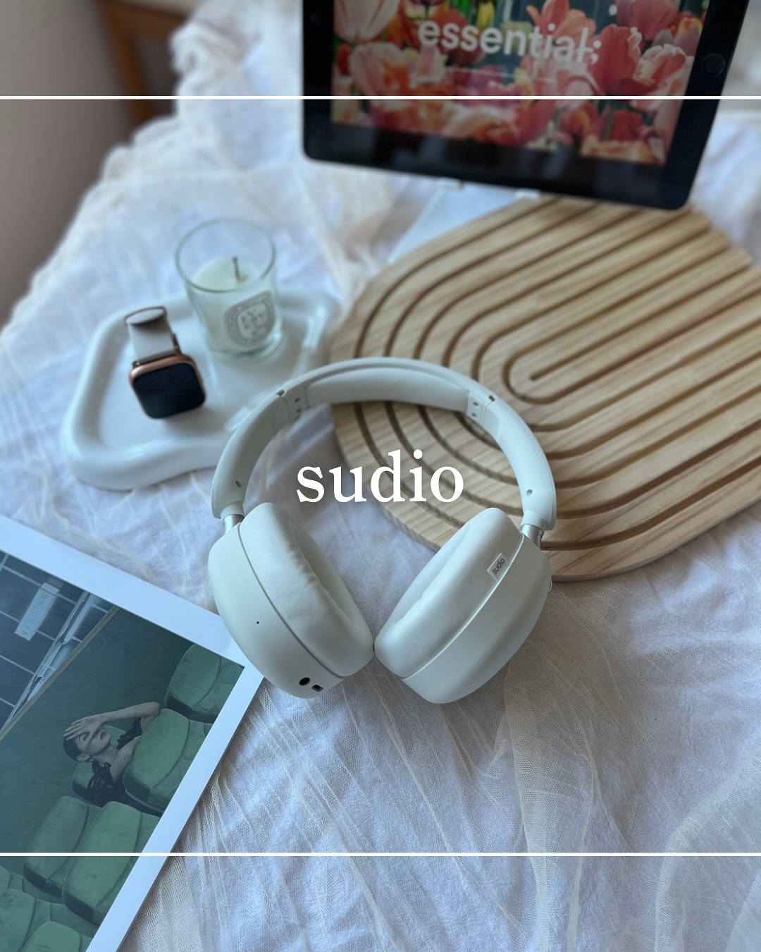 Instagram post by @ran.mama.trip for Sudio. Caption reads: \癒し時間に必須の🎧𓈒....