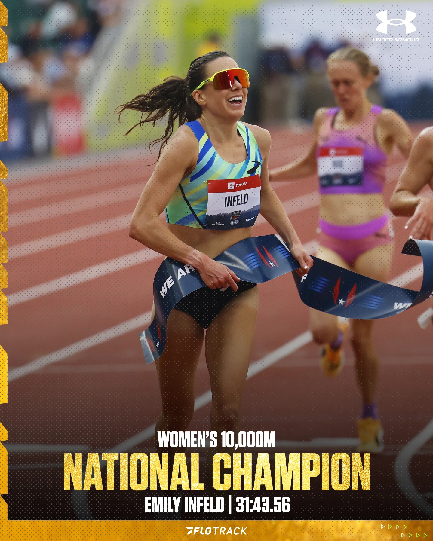 Instagram post by @emilyinfeld for Under Armour. Caption reads: 🇺🇸 EMILY INFELD IS A NATIONAL CHAMPION 🏆....