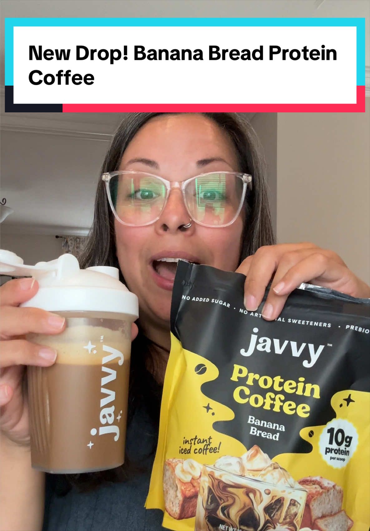 TikTok post by @mamaofthewildones for Javy Coffee. Caption reads: Banana coffee because my newest hyperfixation....