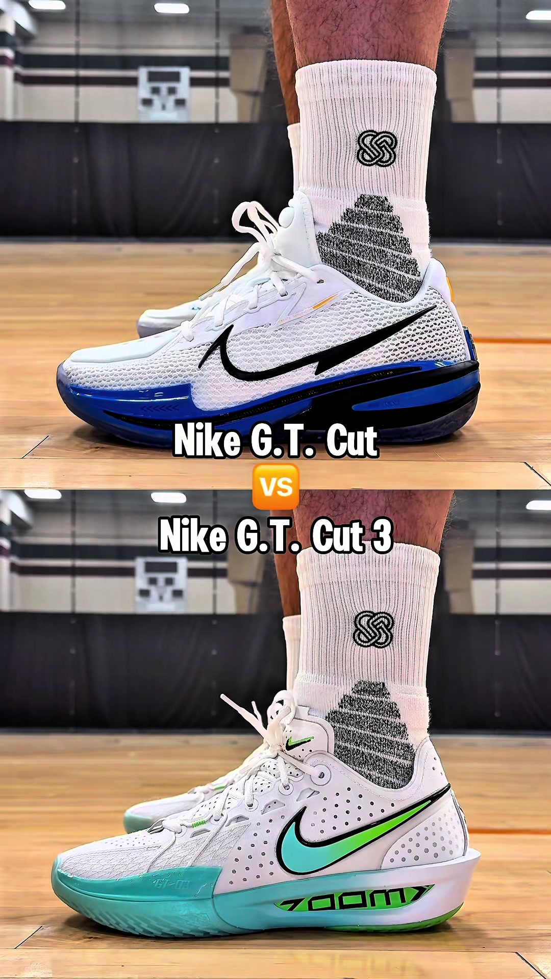 TikTok post by @sneakrtweakr for Nike. Caption reads: Nike G.T. Cut VS Nike G.T. Cut 3 [...].