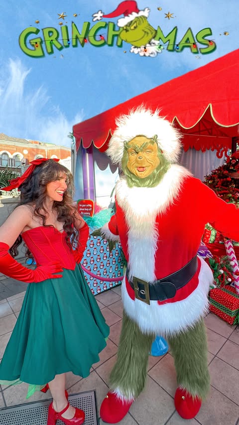 Instagram post by @krystaleverdeen for Universal Studios Hollywood. Caption reads: [...] 
Grinchmas is back at Universal Studios....