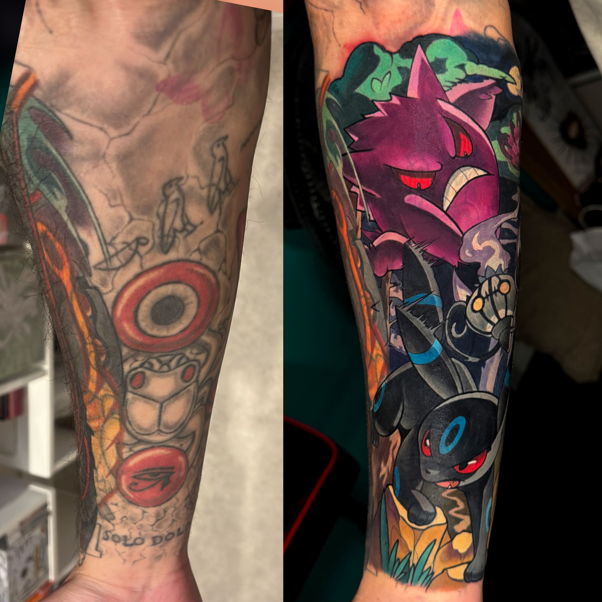 Instagram post by @anime_tattoosuk for Butterluxe Tattoo Care. Caption reads: Before ➡️ After, a long day for kaan but we....