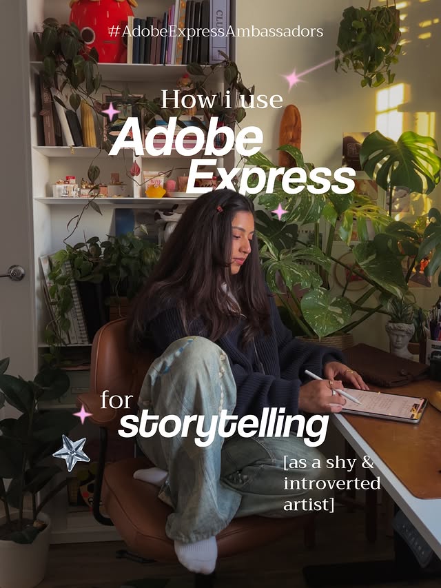Instagram post by @notmarlenevega for Adobe Live Community. Caption reads: How I use Adobe Express for storytelling, as a....