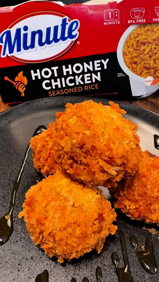 Instagram post by @ajdediego for Minute Rice. Caption reads: #ad These Hot Honey Chicken Arancini are not only....