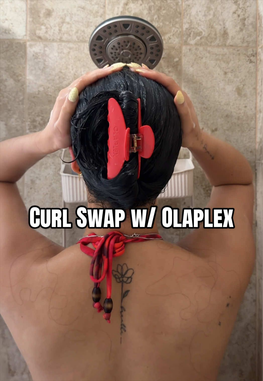 TikTok post by @a1iyahhh for OLAPLEX. Caption reads: [...] start in the shower 🚿 🤍 @Olaplex....