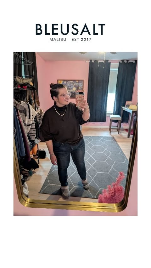 Instagram post by @dropdeadpaige for BLEUSALT. Caption reads: [...] day, another turtleneck.

This is from....