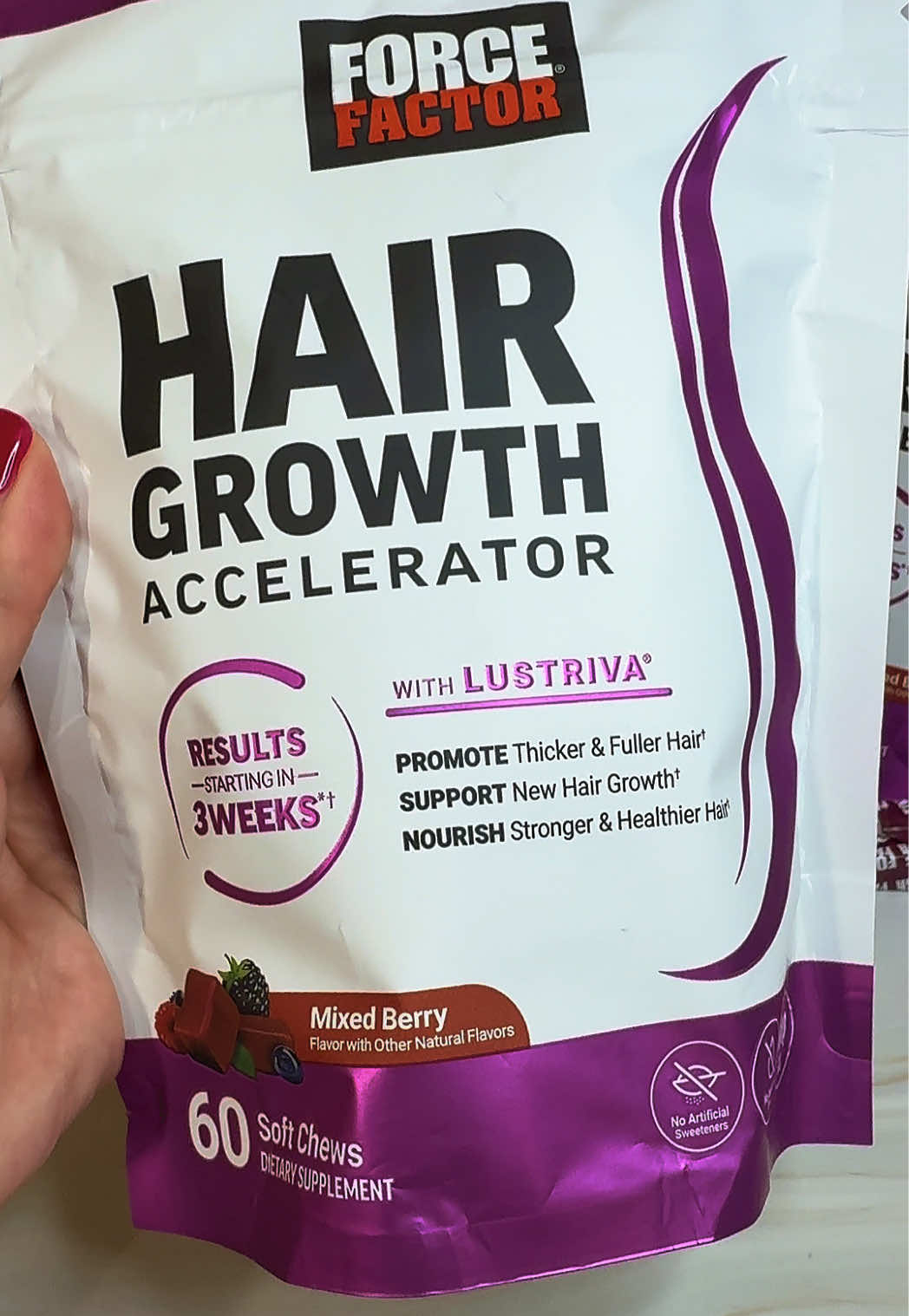 TikTok post by @soyjackiemendez for Force Factor. Caption reads: Force Factor Hair Growth Accelerator with....